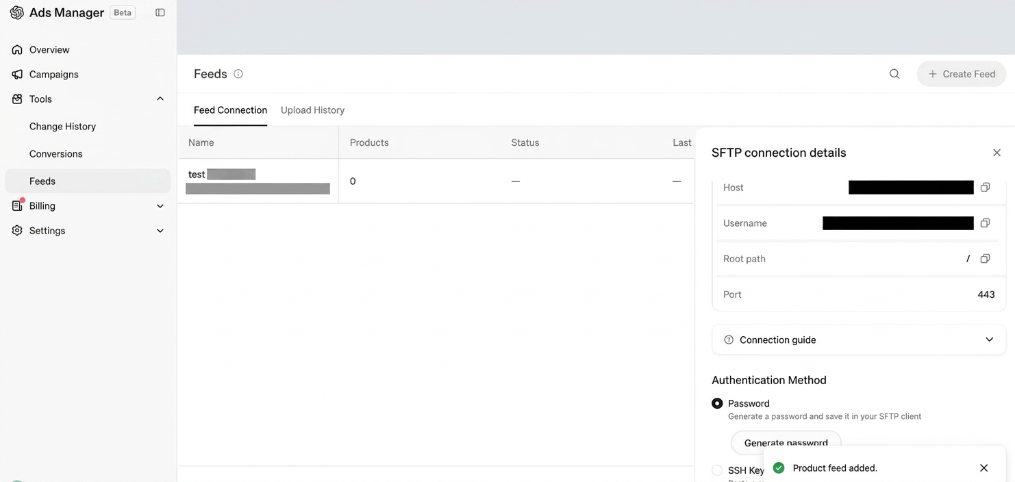 Screenshot des OpenAI Ads Manager mit Kampagnen-, Feed- und Abrechnungsbereich